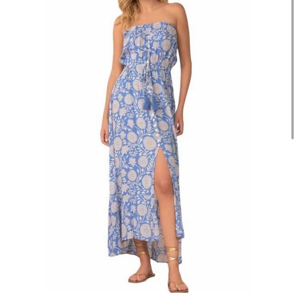 Elan Blue and Cream Strapless Floral Maxi Dress